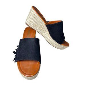 Madeline Girl DASHED Black Suede Wedge Sandals Women's 10 Fringe Slip On